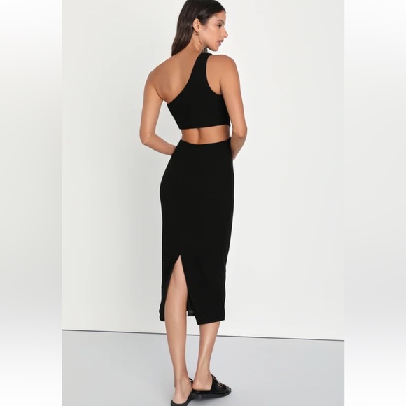 Lulus Black Ribbed One-Shoulder Cutout Midi Dress NWT - Picture 4 of 11